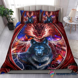 Gift For Wolf Lover Gift For Dragon Lover Blue Red Wolf Dragon Bedding Set CH