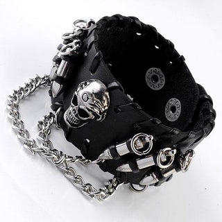 Black PU Leather Bullet Wristband Adjustable Skull Bracelet