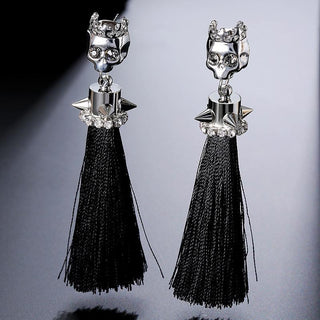 Silver Rivet Skull Long Black Tassel Dangle Earrings - designfullprint