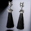 Silver Rivet Skull Long Black Tassel Dangle Earrings - designfullprint