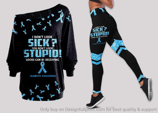 Blue Diabetes Awareness Off Shoulder Long Sleeves Top and Leggings Set