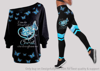 Blue Diabetes Awareness Christ Strengthens Me Off Shoulder Long Sleeves Top and Leggings Set HG