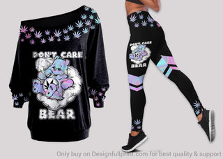Stoner Bear Pothead Care Bear Stoner Care Bear Hologram Bear With Cannabis Dont Care Bear Off Shoulder Long Sleeves Top and Leggings Set don t care bear