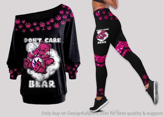 Pink Bear With Cannabis Dont Care Bear Off Shoulder Long Sleeves Top and Leggings Set
