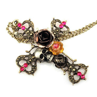 Cross Silvery Skull And Roses Necklaces