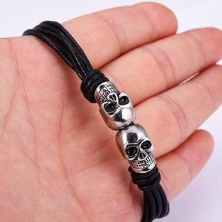 Black Braided Rope Leather Skull Bracelet
