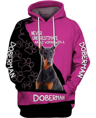 Doberman Lady Never Underestimate An Old Woman With A Doberman Multi Types Pullover/Zipup Hoodie Long Sleeve Shirt and Tshirt US Unisex Size
