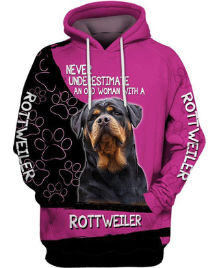 Rottweiler Lover Never Underestimate An Old Woman With A Rottweiler US Unisex Size Hoodie Long sleeve Tshirt Zip-up Pullover