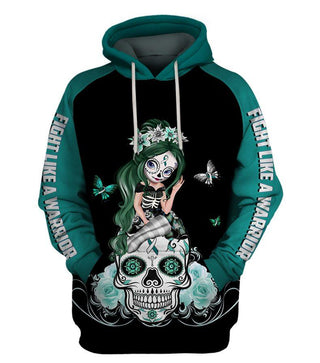 Skull Gift Fight Like A Warrior™ White Teal Cervical Cancer Sugar Skull Girl Awareness Hoodie