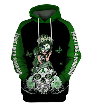 Skull Gift Fight Like A Warrior™ Green Liver Cancer Sugar Skull Girl Awareness Hoodie
