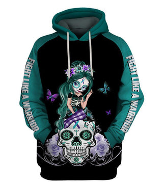 Skull Gift Fight Like A Warrior™ Teal and Purple Sugar Skull Girl Sucide Awareness Hoodie