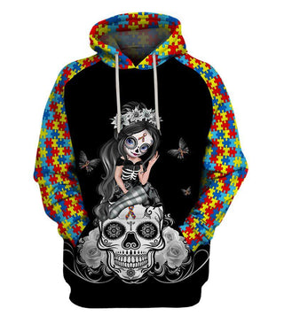 Skull Gift Autism Sugar Skull Girl Awareness Kid and Adult hoodie Autism Gift