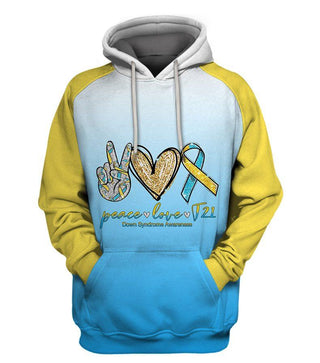 Peace Love Down Syndrome Day Pullover/Zipup Hoodie, and Long Sleeve Shirt US Unisex Size