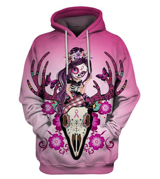 Skull Gift Deer Skull Vintage Spring Sugar Skull Girl Breast Cancer Awareness Hoodie