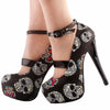 Vintage Skull Print Ankle Strap Stiletto - designfullprint