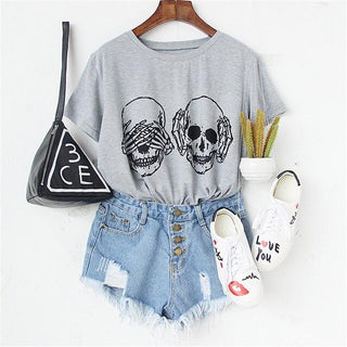 Skull Print Round Neck Short Sleeve T-shirt - designfullprint