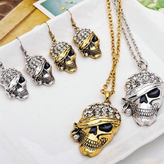 Punk Rock Rhinestone Skull Necklace Earrings Set