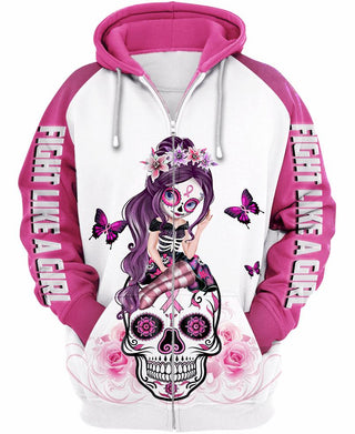 Skull Gift Pink Awareness Ribbon Sugar Skull Breast Cancer Awareness Zipup Pullover Hoodie T-Shirt Sweatshirt
