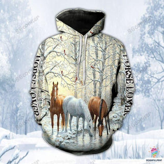 Gift For Horse Lover Horses By The Lake And Winter 3D All Over Printed Pullover Unisex Hoodie HH