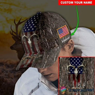Skull Gift Personalized  Deer Skull With American Flag Cap HG