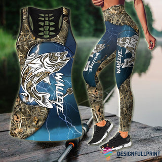 Fishing Gifts Walleye Fishing Blue Tattoo Camo Tank Top and Leggings Set CH
