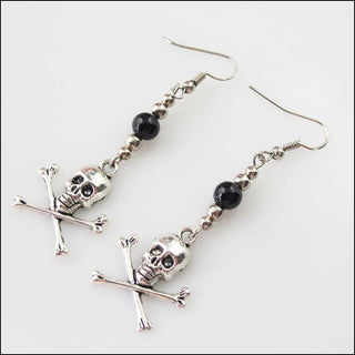 Silver Retro Skull Black Glass Dangle Hook Earrings - designfullprint