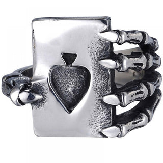 Stainless Steel Poker Spades Skull Claw Ring