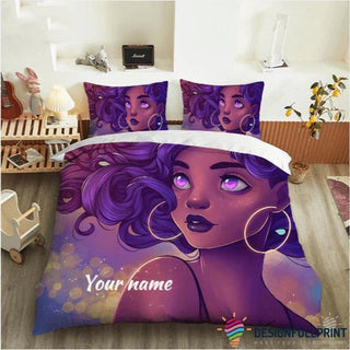 Black Pride Purple Cute Girl With Short Curly Hair Custom Black Girl Cute Purple Music Custom Name Bedding Set HG Black And Proud 365