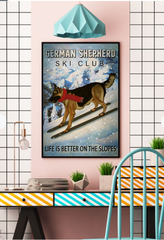 German Shepherd Skiing Club On The Slope Funny Dog Poster PA