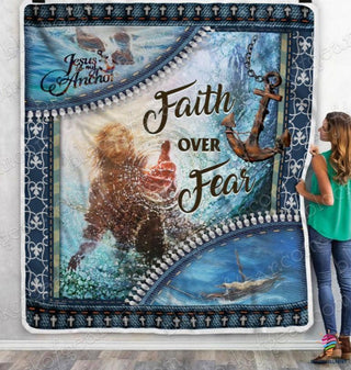Gift For Christian Faith Over Fear, Jesus My Anchor Sofa Sherpa and Quilt Blanket LN