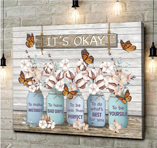 It Is Okay To Make Mistakes And Be Yourself Butterfly Cotton Flower Mason Jar Inspirational Wall Art Canvas PA
