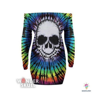 Skull Gift Skull Rainbow Tie Dye Sexy Lace Up Deep V-neck Off Shoulder Long Sleeve Dress LN