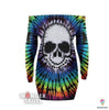 Skull Gift Skull Rainbow Tie Dye Sexy Lace Up Deep V-neck Off Shoulder Long Sleeve Dress LN
