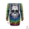 Skull Gift Skull Rainbow Tie Dye Sexy Lace Up Deep V-neck Off Shoulder Long Sleeve Dress LN