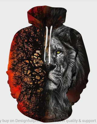 Lion And Tree Print Drawstring Hoodie Lion Art Lion Hoodie PA