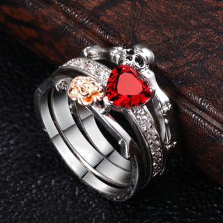 Skull Red Heart Crystal Ring Set - designfullprint