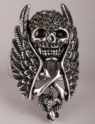Gothic Crystal Skull Wings Cross Snake Stretch Ring