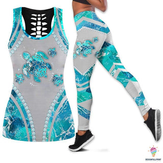 Gift For Turtle Lover Blue Ocean Diamond Turtle Tank Top And Leggings Set LN