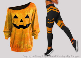 Giant Pumpkin Halloween Off Shoulder Long Sleeves Top and Leggings Set