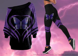 Gift For Butterfly Lover Purple Butterfly Off Shoulder Long Sleeves Top and Leggings Set PB Memorial Gifts