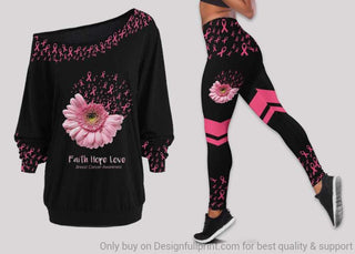 Faith Hope Love Breast Cancer Off Shoulder Long Sleeves Top and Leggings Set