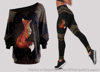 Fox Henna Off Shoulder Long Sleeves Top and Leggings Set Mandala Print Shirt Fox Legging