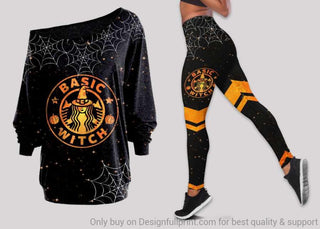 Halloween Pumpkin Basic Witch Off Shoulder Long Sleeves Top and Leggings Set