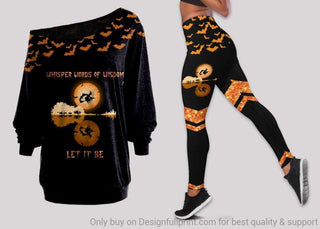 Guitar Fly Witch And Bat In Halloween Night Off Shoulder Long Sleeves Top and Leggings Set HG