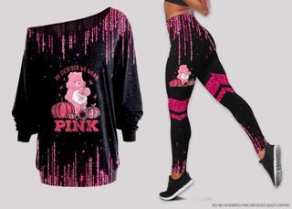 In October We Wear Pink Breast Cancer Bear Off Shoulder Long Sleeves Top and Leggings Set