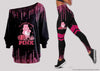 In October We Wear Pink Breast Cancer Bear Off Shoulder Long Sleeves Top and Leggings Set