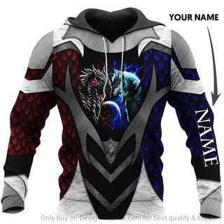 Gift For Wolf Lover Gift For Dragon Lover Wolf Dragon Red And Blue Color Personalized Unisex Hoodie LN