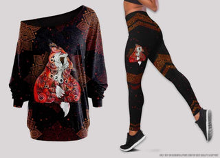 Red Fox Henna Off Shoulder Long Sleeves Top and Leggings Set HG