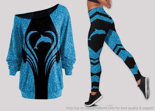 Blue Dolphin Off Shoulder Long Sleeves Top and Leggings Set HG