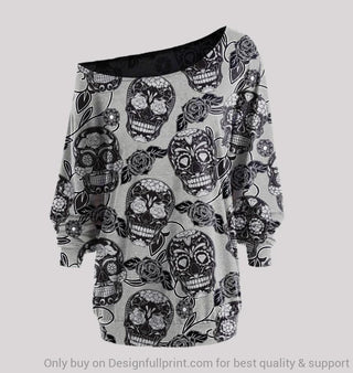 Skull Gift Black Skull Off Shoulder Long Sleeves Top LH